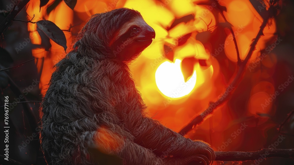 Silhouette of a sloth against a sunset, encouraging a moment of pause and reflection in the busy digital age, perfect for mindfulness apps