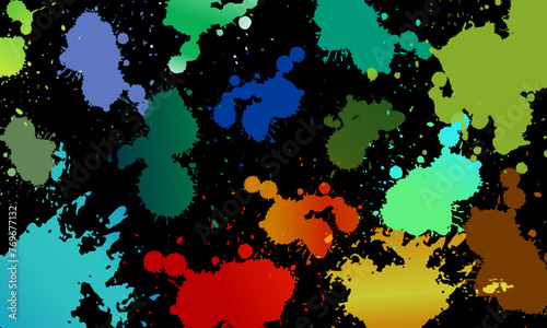 Bright colorful watercolor stain splash splatter brush stroke on black background.