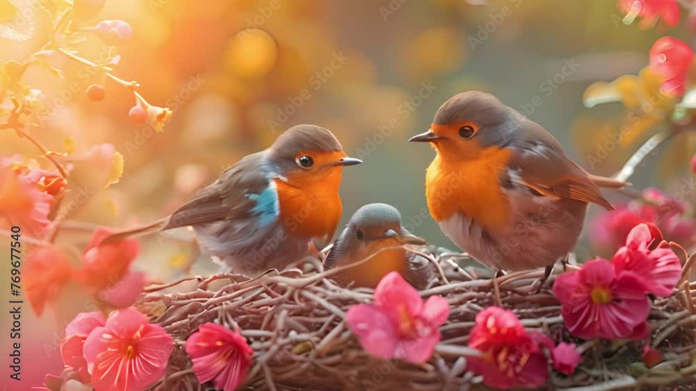 Melodic harmony: Animated birds serenade in spring's warm glow. Melodic harmony: Animated birds serenade in spring's warm glow.