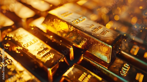 Many gold bars are arranged in a row, golden yellow, glowing and bright with investments in speculating on the value of currency in the background.