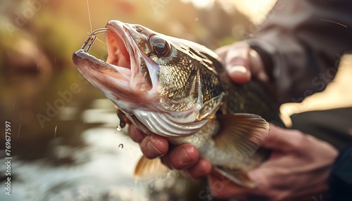 Close up view of a large-mouthed bass fish caught on a fishing line in a serene lake setting