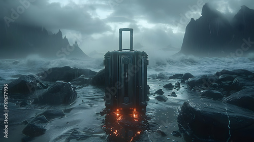 A lone, rugged suitcase stands on the wet rocks of a shore, illuminated from within against a backdrop of stormy, mountainous seascape
