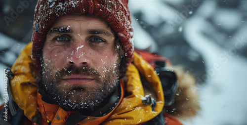 Close-up of a rugged male mountaineer with snowflakes on his face, wearing a warm hat and a yellow jacket, in a snowy winter landscape