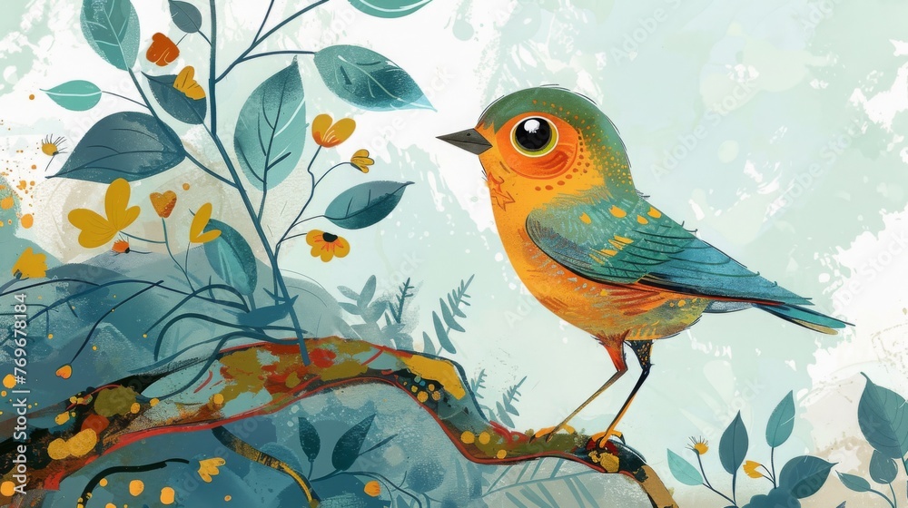 Colorful Bird Perched on a Branch in a Whimsical Forest Colorful Bird Perched on a Branch in a Whimsical Forest