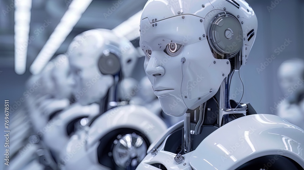 Fototapeta premium Robotic Process Automation: Represents robotic process automation in a business environment, industrial robots or software robots performing certain tasks on an assembly line