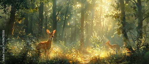 Serene forest backdrop, oil paint texture, deer and rabbits, dawn light, wide angle.