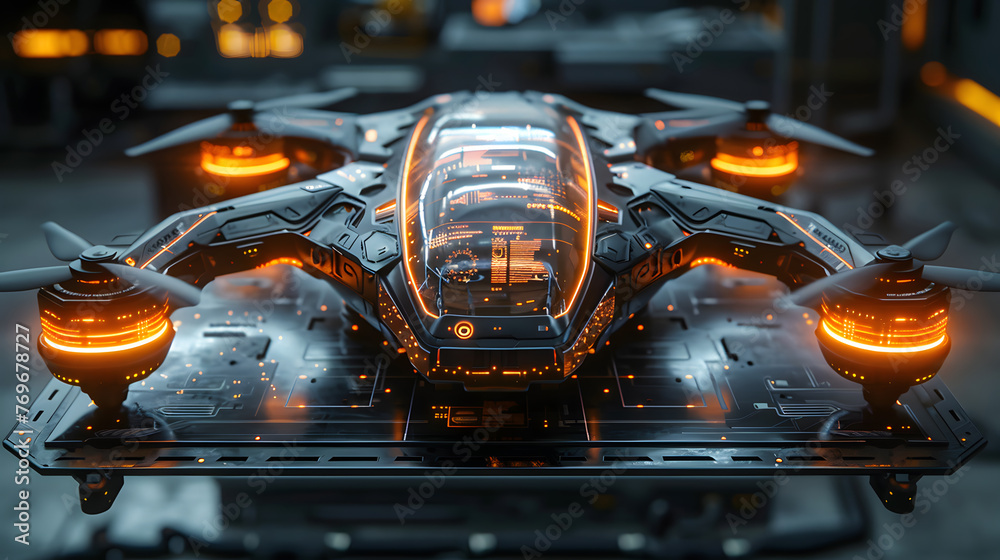 A state-of-the-art drone with glowing orange elements sits ready on a ...