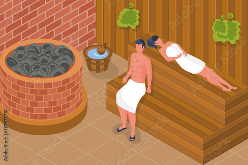 Bathhouse. A woman and a man take a steam bath and relax in a bath, sauna. Healthy lifestyle. Landing page. Vector illustration flat design. Isolated on white background.