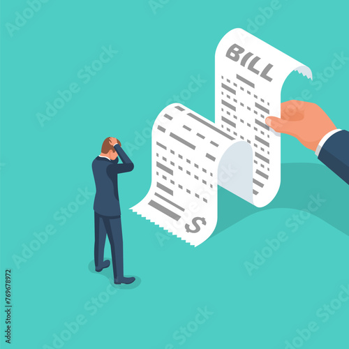 Bill concept. Sad businessman with big invoice. Paper check in hand. Vector illustration isometric design. Report finance, and expenses.