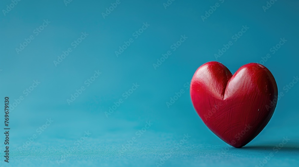 A red heart-shaped object stands against a blue background, symbolizing love or romance. - obrazy, fototapety, plakaty 