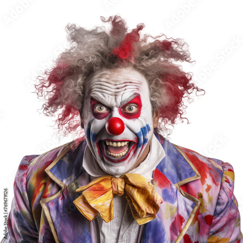 Evil and scary clown isolated on a transparent background. The man laughs maliciously. Halloween costume and makeup.