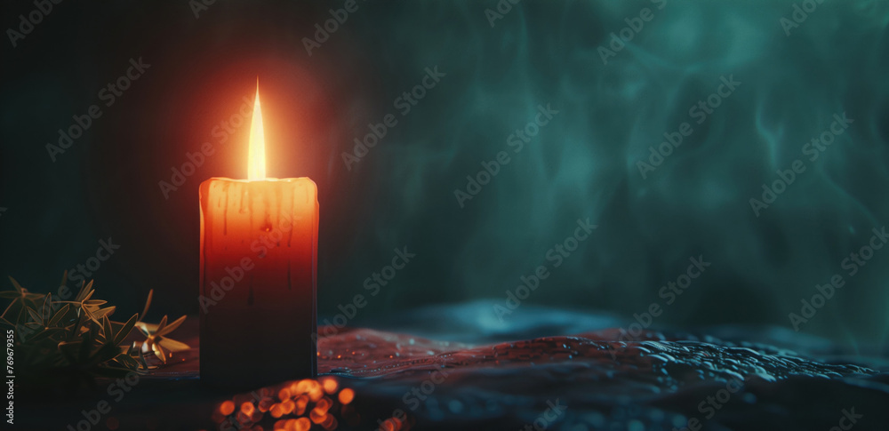 A lit candle with dripping wax on a dark, misty background. - obrazy, fototapety, plakaty 