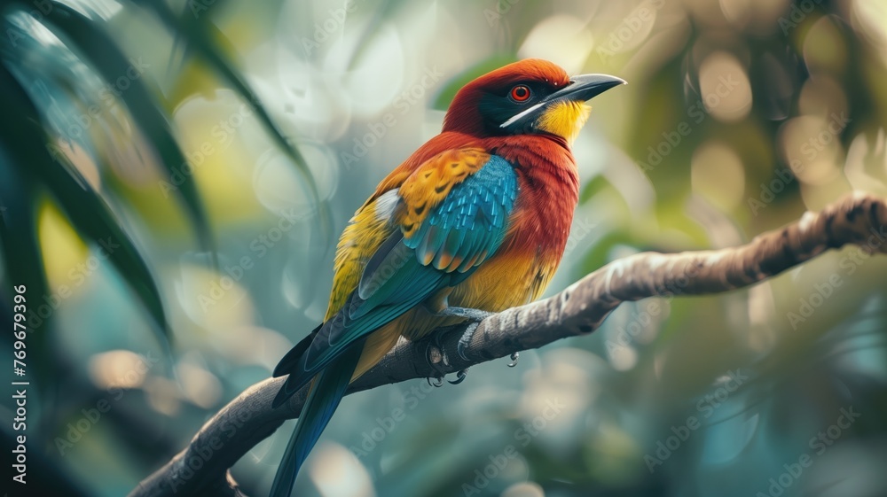 A colorful bird with vibrant plumage perched on a branch amidst blurred green background. - obrazy, fototapety, plakaty 