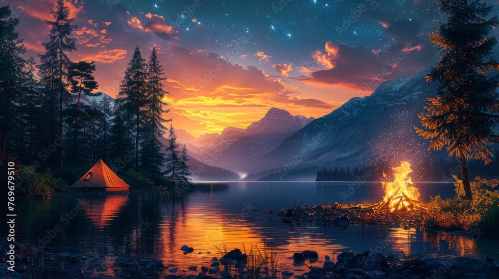 Camping under the Stars: A cozy campsite under a starry night sky, with ...
