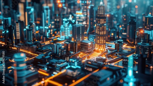 A futuristic cityscape with illuminated buildings and intricate circuitry design.