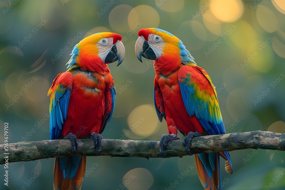 Two Colorful Parrots Sitting on a Branch