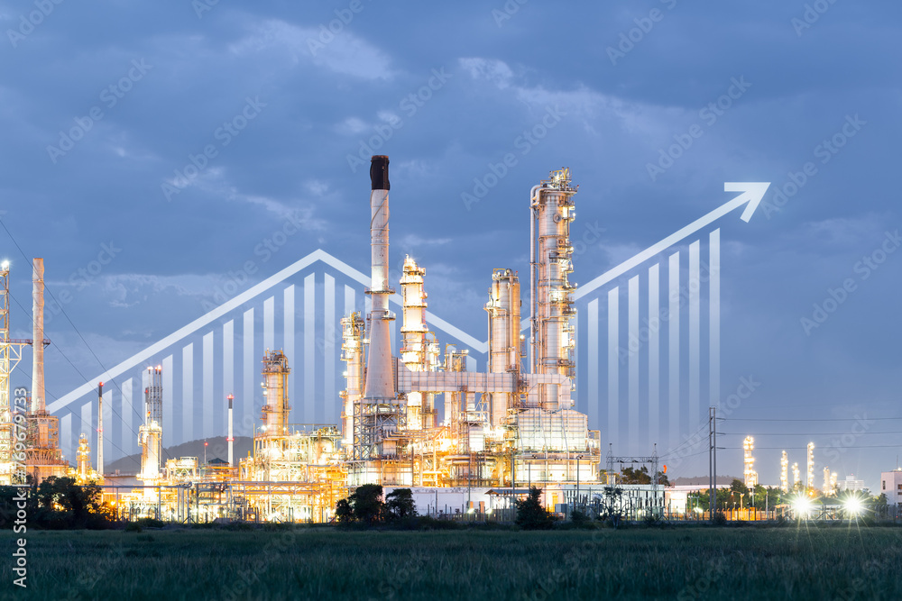 Oil gas refinery or petrochemical plant. Include arrow, graph or bar chart. Increase trend or growth of production, market price, demand, supply. Concept of business, industry, fuel, power energy. Oil gas refinery or petrochemical plant. Include arrow, graph or bar chart. Increase trend or growth of production, market price, demand, supply. Concept of business, industry, fuel, power energy.