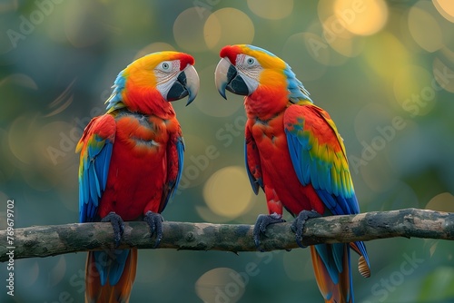 Two Colorful Parrots Sitting on a Branch © D