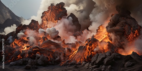 Earthquake and eruption: explosions, smoke, fire, and flowing lava. photo