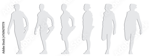 Vector conceptual gray paper cut silhouette of a woman doing physical exercise from different perspectives isolated on white background. A metaphor for active, sport, health, self-care and lifestyle