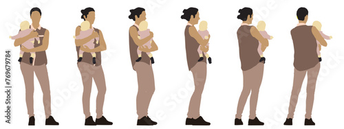 Vector concept conceptual black silhouette of a woman baby in her arms from different perspectives isolated on white background. A metaphor for motherhood, love and care, family, and lifestyle