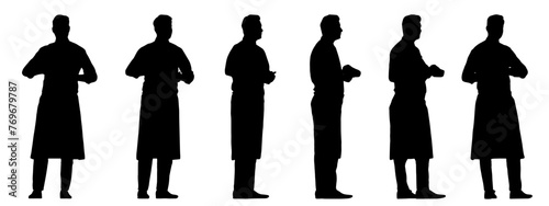 Vector concept conceptual black silhouette of a male waiter taking an order from different perspectives isolated on white background. A metaphor for working, business, relaxation and lifestyle