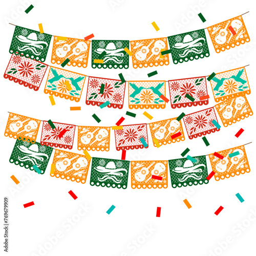 paper garland mexican. multi colored template with hanging traditional Mexican flags. Vector stock illustration. isolated on a white background. 