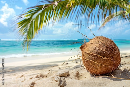 close up shot of a coconut on a sand with sea at beach with tropical palm trees