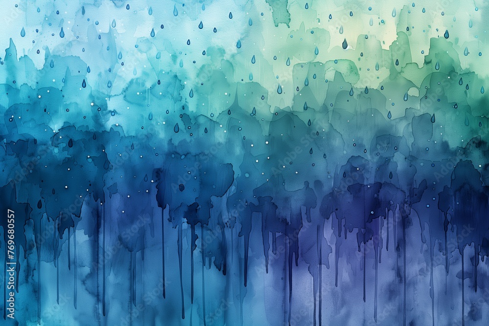 Vibrant watercolor blending depicting gentle rain on textured paper - obrazy, fototapety, plakaty 