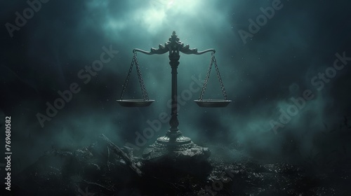 Enigmatic scales of justice amidst a shadowy aquatic backdrop.