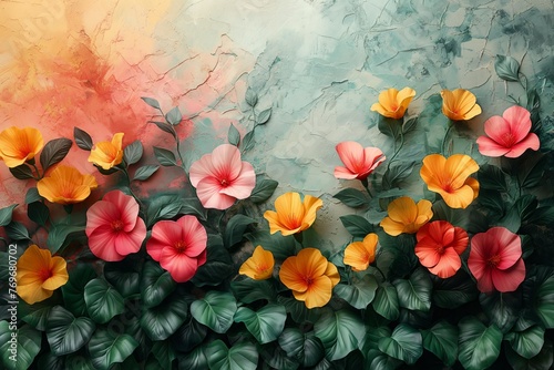 Vibrant watercolor hibiscus flowers on textured backdrop © bluebeat76
