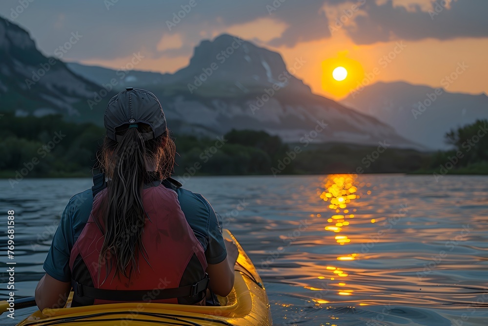 Person Kayaking on Lake at Sunset
