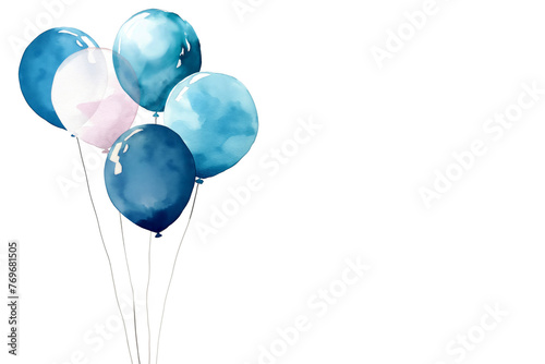 Blue watercolor balloons isolated on white background with copy space. Happy Birthday. Party time. Greeting card template