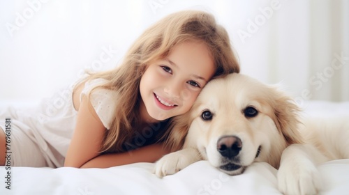 Girl and golden retriever creating heartwarming moment on cozy bed. A young girl is lying on a bed with her golden retriever dog. The girl is smiling and looking at the camera.