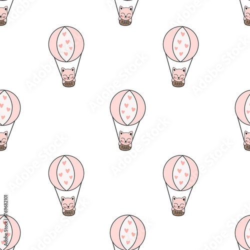 Seamless pattern with cute cats on the balloon