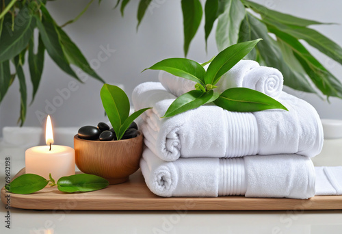 Inviting spa ambiance with soft towels and green leaves colorful background