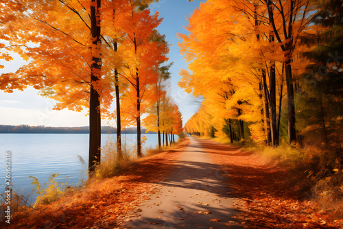 Inviting Pathway Amidst Vibrant Autumn Colors: Fall Season Landscape © Madge