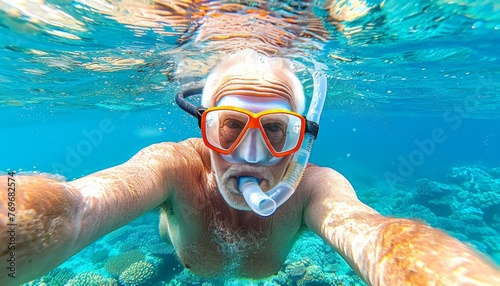 Senior individual snorkeling with a mask in the ocean at a remote tropical paradise island