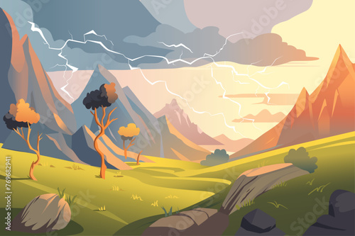 Background thunderstorm in the mountains in the flat cartoon design. A thunderstorm with lightning is approaching the mountains, which are still bathed in sunlight. Vector illustration.