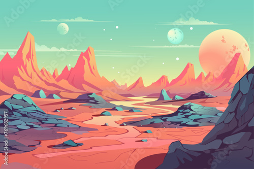The background is a fantastic landscape in the flat cartoon design. This mysterious landscape depicts a fantastic landscape on a space planet. Vector illustration.