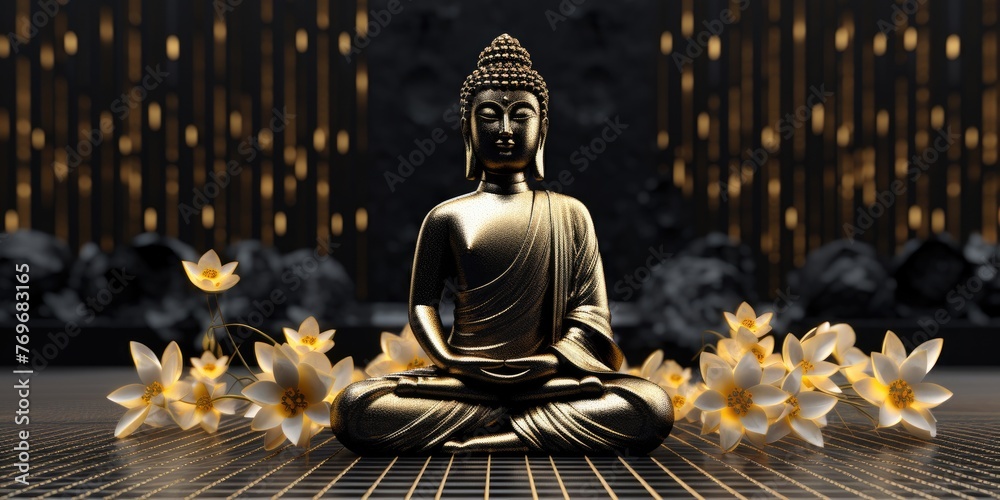 In a cross-legged meditation pose, the Buddha statue exudes a serene presence, inspiring feelings of tranquility and mindfulness.