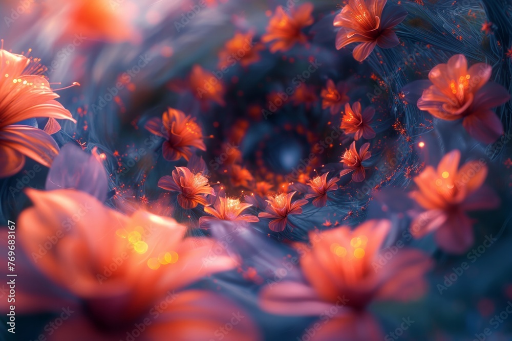 Surreal vortex of glowing flowers with a magical twist, perfect for dreamy backgrounds - obrazy, fototapety, plakaty 