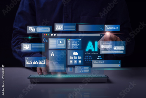 Artificial Intelligence Content Generator. A man uses a laptop to interact with AI assistant. AI offers functions like chatbot, generate images, write code, writer bot, translate and advertising.