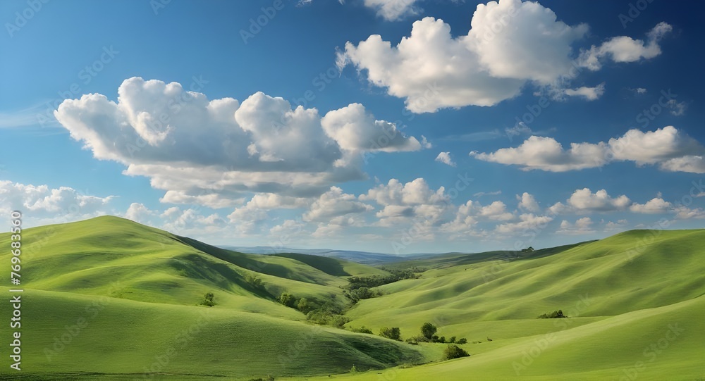 Rolling green hills and blue sky with clouds