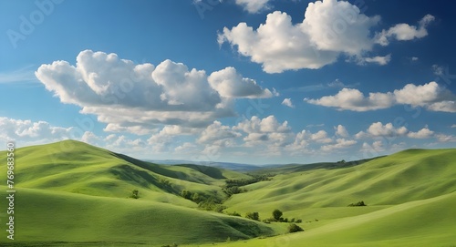 Rolling green hills and blue sky with clouds
