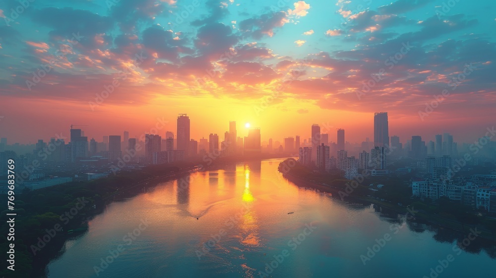 Fototapeta premium Cityscape from Above: An aerial view of a city skyline, capturing the energy and vibrancy of urban life, suitable for business and travel concepts.