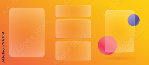 Glass transparent interface ui digital window element design vector graphic illustration set, plastic card notice notification banner message text frame web background, 3d ux screen panel template