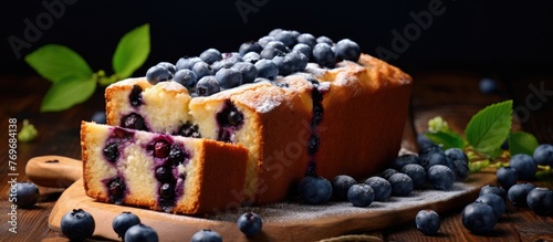 A delectable blueberry bread loaf is displayed on a rustic wooden cutting board, showcasing the perfect combination of ingredients and baked to perfection for a delightful dessert or snack