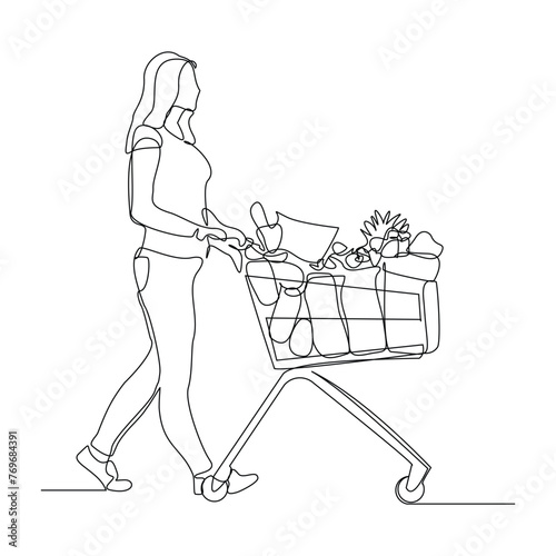 Continuous single line sketch drawing young happy woman pushing shopping trolley cart. One line retail shop mart market vector illustration