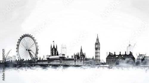 Iconic London Cityscape Silhouette in Monochrome Pencil Drawing with Famous Landmarks
